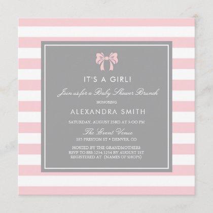 Pink and White Stripes with Bow Baby Shower Brunch Invitation