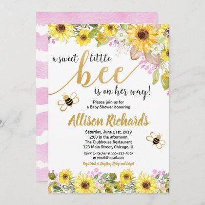 Pink and yellow bumble bee girl baby shower invitation