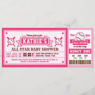 Pink Baseball Ticket Pass Baby Shower Invitation