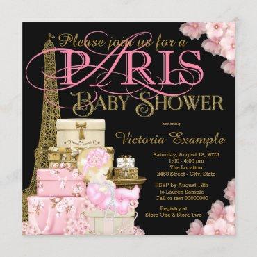 Pink Black and Gold Paris Blonde Girl Baby Shower Invitation