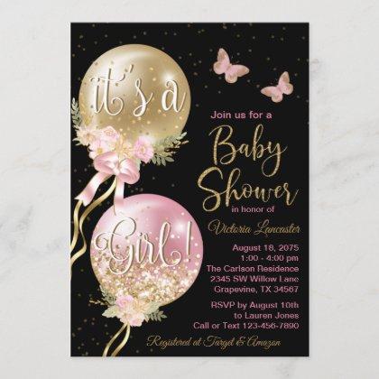 Pink Black Gold Balloon Butterfly Baby Shower Invitation