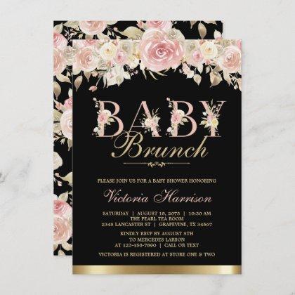 Pink Black Gold Floral Girl Baby Shower Brunch Invitation