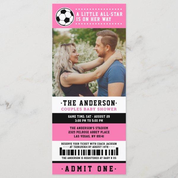 Pink Black Soccer Ticket Couples Baby Shower Photo