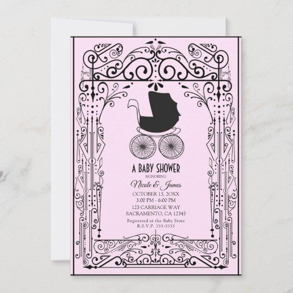 Pink & Black Vintage Carriage Deco Baby Shower  In