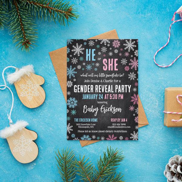 Pink Blue Snowflake He or She Winter Gender Reveal