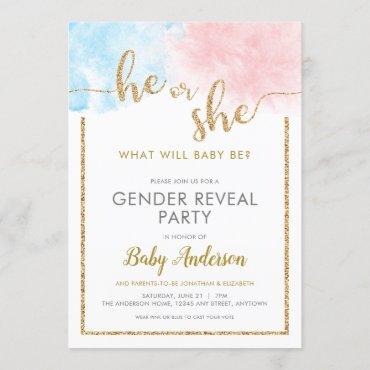 Pink & Blue Watercolor Gold Glitter Gender Reveal Invitation