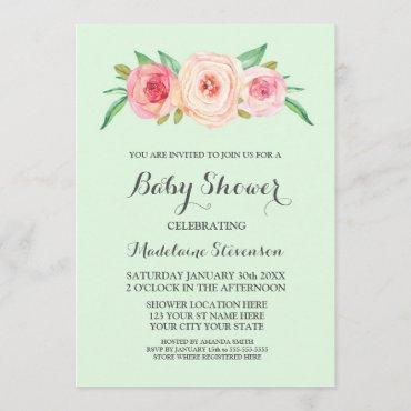 Pink Blush Floral Mint Green Wood Baby Shower Invitation