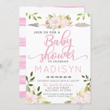 Pink Blush Flowers Bohemian Arrow Baby Shower Invitation