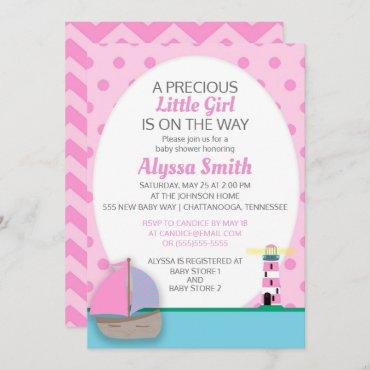 Pink Boat and Lighthouse Baby Girl Shower Invite