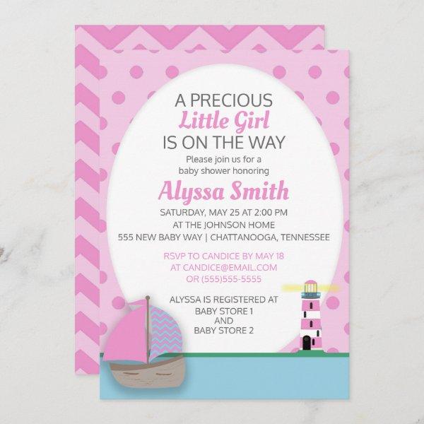Pink Boat and Lighthouse Baby Girl Shower Invite