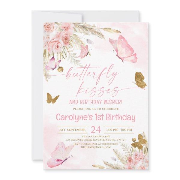 Pink Boho Butterfly Kisses and Birthday Wishes