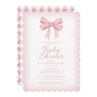 Pink Bow Baby Shower Elegant Girly Gingham Check