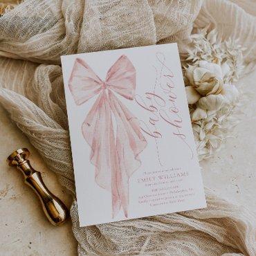 Pink Bow Baby Shower Minimalist Watercolor Ribbon