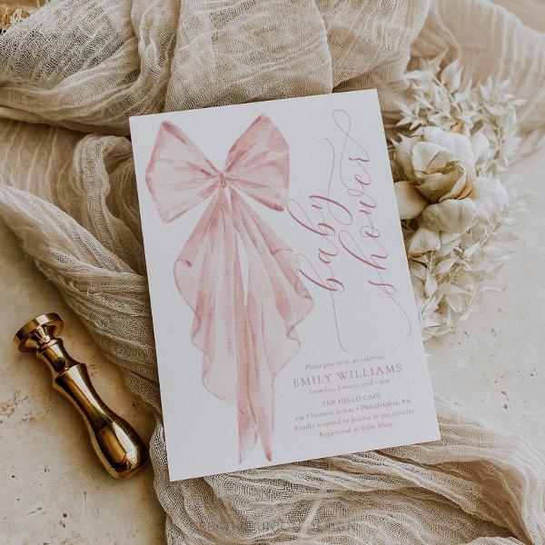 Pink Bow Baby Shower Minimalist Watercolor Ribbon