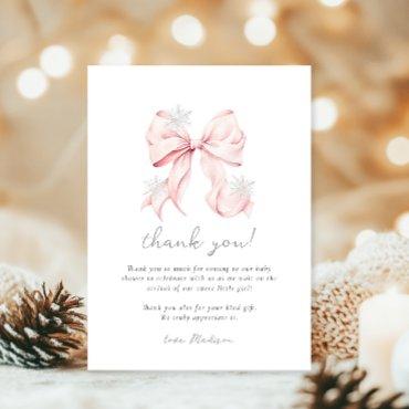 Pink Bow Winter Snowflake Baby Shower Thank You Card