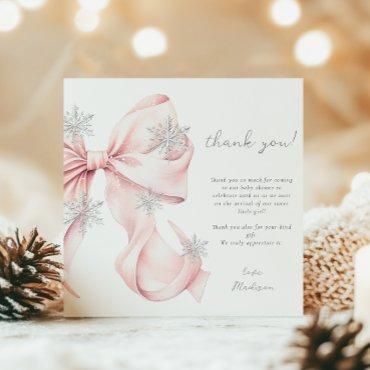 Pink Bow Winter Snowflake Baby Shower  Thank You Card