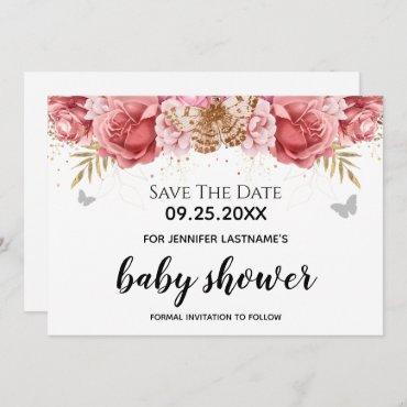 Pink Butterflies Floral Baby Shower Save the Date