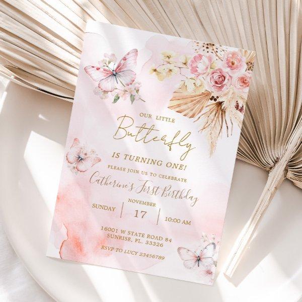 Pink Butterfly Boho Flowers 1st Birthday Floral