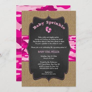 Pink Camo Baby Sprinkle Invite, camouflage burlap Invitation