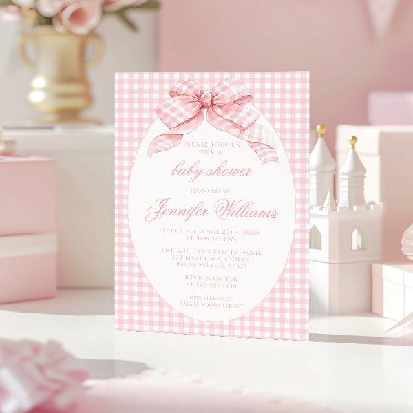 Pink Cute Gingham Coquette Bow Baby Girl Shower