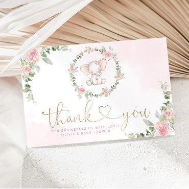 Pink eucalyptus elephant baby shower thank you card