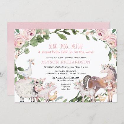 Pink Farm animals floral barnyard girl baby shower Invitation