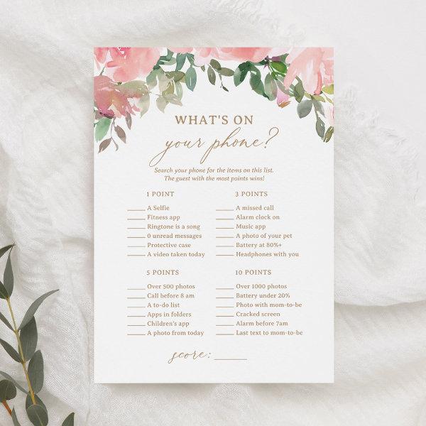 Pink Floral Baby Shower What's on Your Phone Game