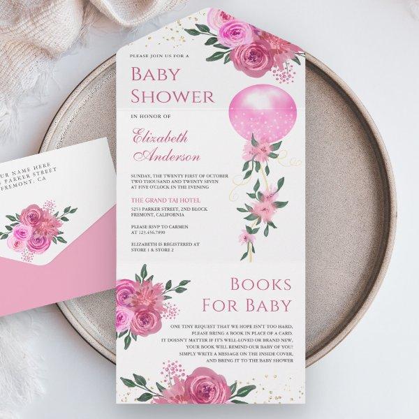 Pink Floral Balloon Girl Baby Shower All In One