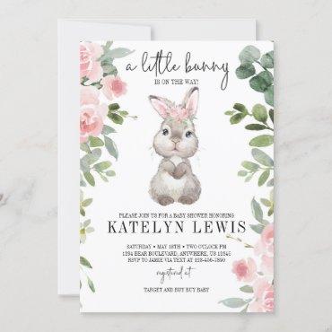 Pink Floral Bunny Baby Shower Greenery Invitation