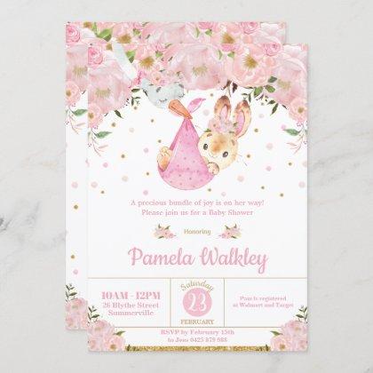 Pink Floral Bunny Stork Bundle Girl Baby Shower Invitation