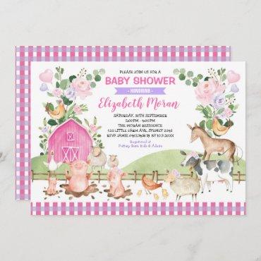Pink Floral Farm Barnyard Animals Girl Baby Shower Invitation