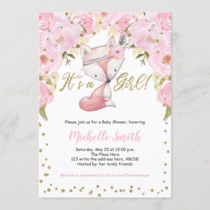 Pink Floral, Fox, Woodland Baby Girl Shower Invitation