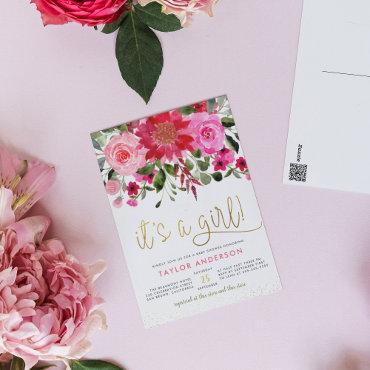 Pink Floral Garden Greenery Its A Girl  Postcard