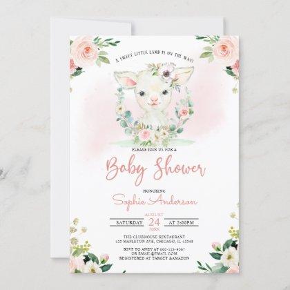 Pink Floral Girl A Little Lamb Baby Shower Invitation