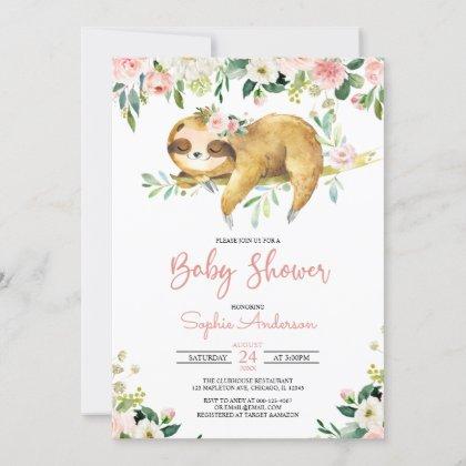 Pink Floral Girl Cute Sloth Baby Shower Invitation