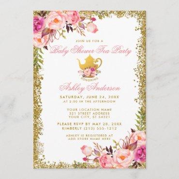 Pink Floral Gold Baby Shower Tea Party Invite GP