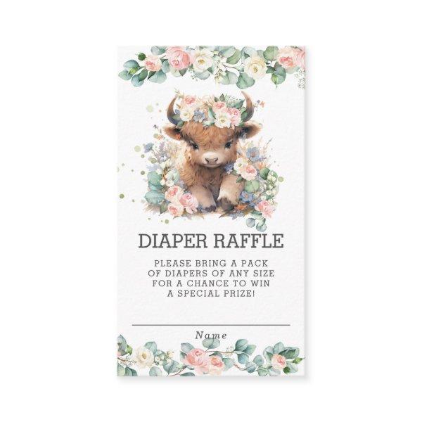 Pink Floral Highland Cow Baby Shower Diaper Raffle Enclosure Card