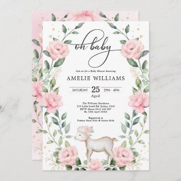 Pink Floral Lamb Greenery Wreath Girl Baby Shower Invitation