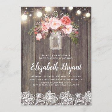 Pink Floral Mason Jar Rustic Lace Baby Shower Invitation