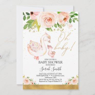 Pink Floral Mother Duck Duckling Baby Shower Invitation
