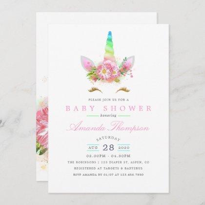 Pink Floral Rainbow Unicorn Girl Baby Shower Invitation