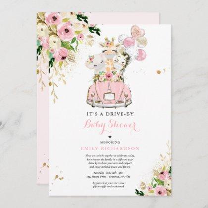 Pink Floral Safari Animals Drive By Baby Shower Invitation