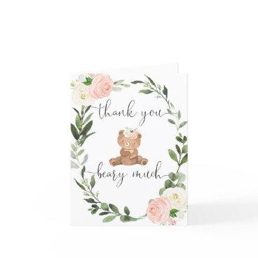 Pink floral teddy bear greenery eucalyptus cute thank you card