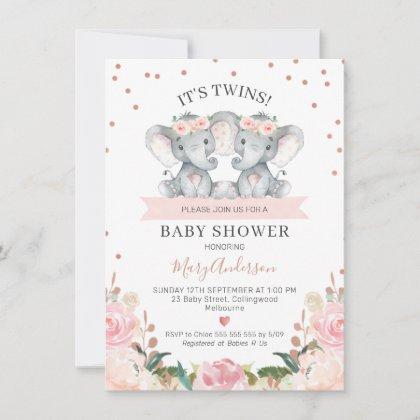 Pink Floral Twin Girls Elephants Baby Shower Invitation