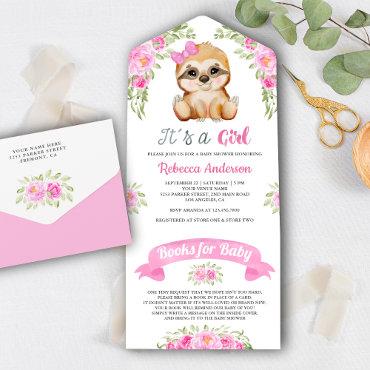 Pink Floral Watercolor Cute Sloth Baby Shower All In One