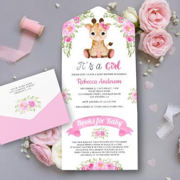 Pink Floral Watercolor Giraffe Baby Shower All In One