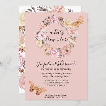 Pink Floral Watercolor Wreath  Butterfly Baby Girl Invitation