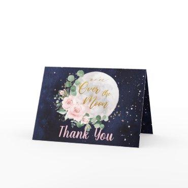Pink Floral We're Over the Moon Girl Baby Shower Thank You Card