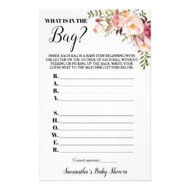 Pink Floral Whats in the Bag Baby Shower Game card Flyer