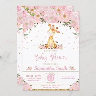 Pink Floral Whimsical Giraffe Girl Baby Shower Invitation